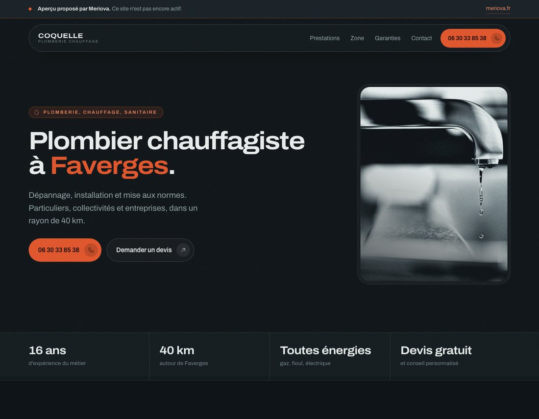 Capture de la maquette proposée, mise en page sombre avec photographie